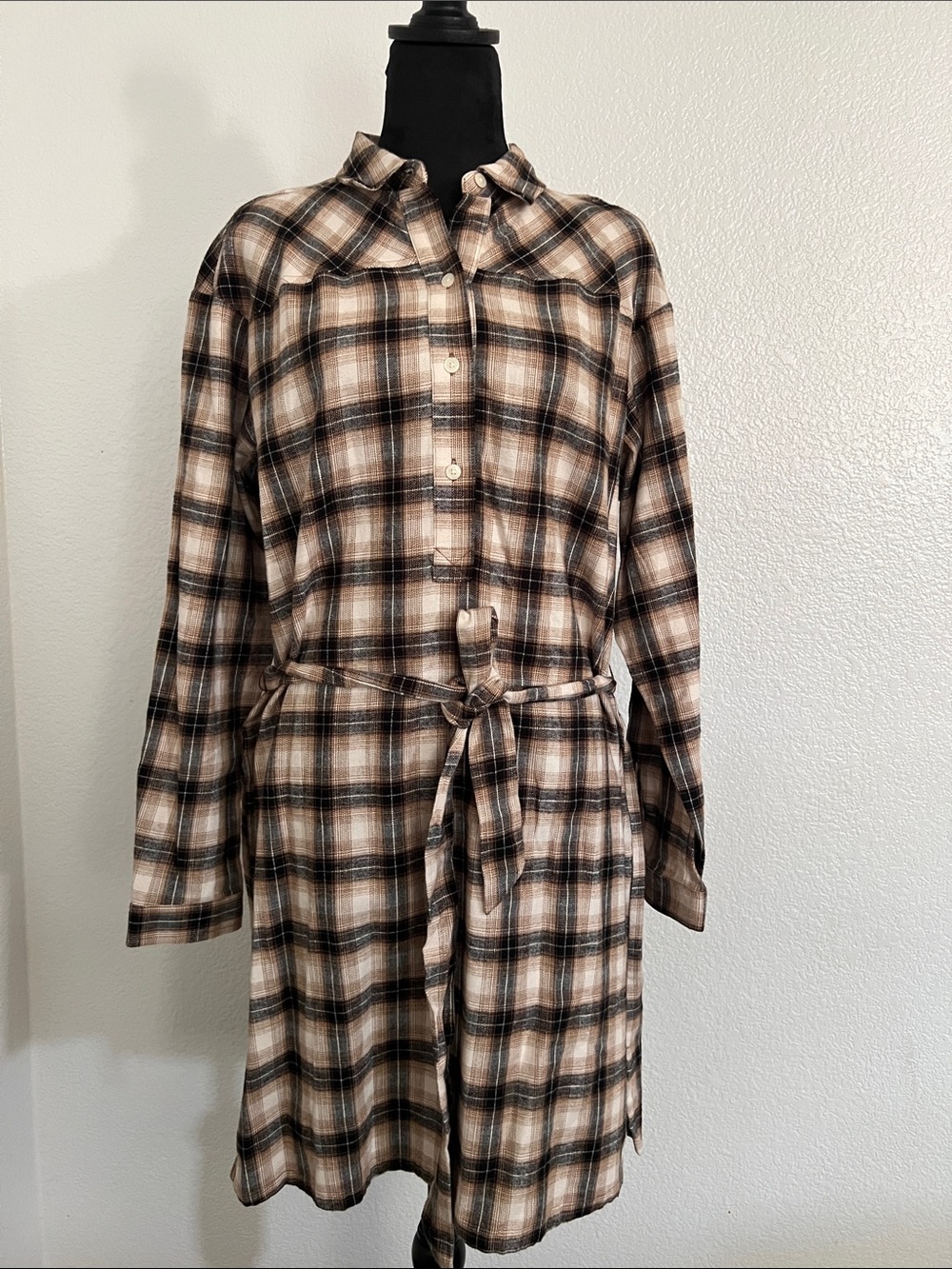 LOFT Plaid Button-Up Shirt Dress in Brown and Cream